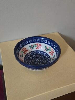 Polish Pottery Boleslawiec Hand-Painted Ceramic Bowl in Blue, White, Red & Green